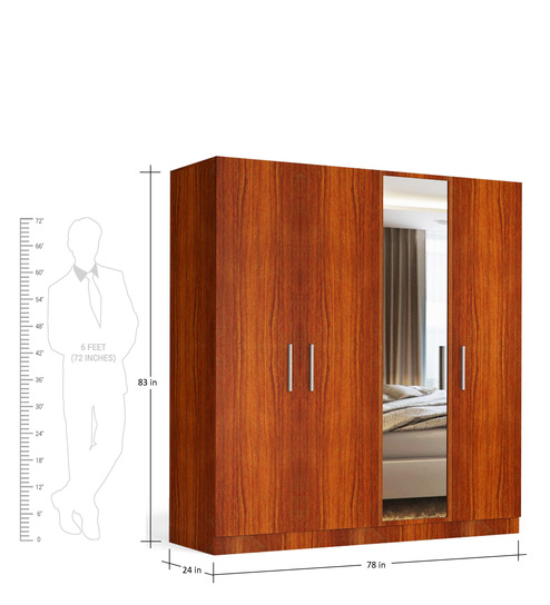 four door wardrobe with mirror in bird cherry finish in mdf by primorati four door wardrobe