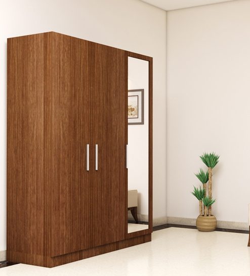 three door wardrobe with mirror in viking teak finish in ply by primorati three door wardrobe